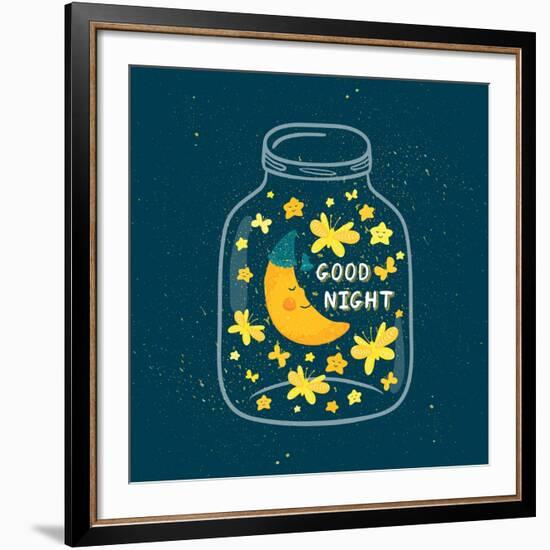 Vector Illustration of Jar with Sleepi?G Smiling Moon in the Nightcap, Butterflies, Stars. Cute Chi-Beskova Ekaterina-Framed Premium Giclee Print