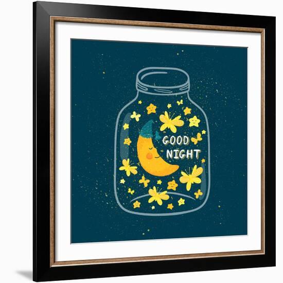 Vector Illustration of Jar with Sleepi?G Smiling Moon in the Nightcap, Butterflies, Stars. Cute Chi-Beskova Ekaterina-Framed Premium Giclee Print