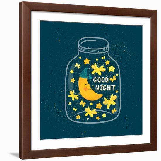 Vector Illustration of Jar with Sleepi?G Smiling Moon in the Nightcap, Butterflies, Stars. Cute Chi-Beskova Ekaterina-Framed Premium Giclee Print