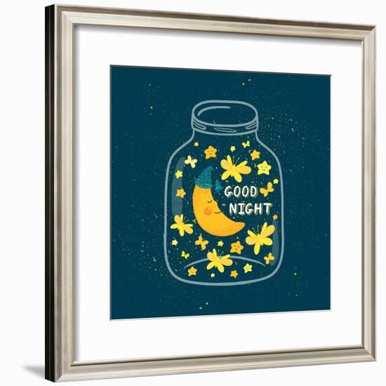 Vector Illustration of Jar with Sleepi?G Smiling Moon in the Nightcap, Butterflies, Stars. Cute Chi-Beskova Ekaterina-Framed Premium Giclee Print