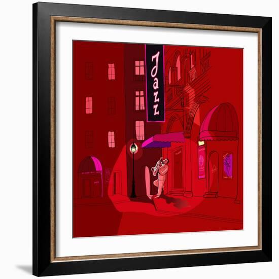 Vector Illustration of Saxophone Player in a Street at Night-isaxar-Framed Art Print