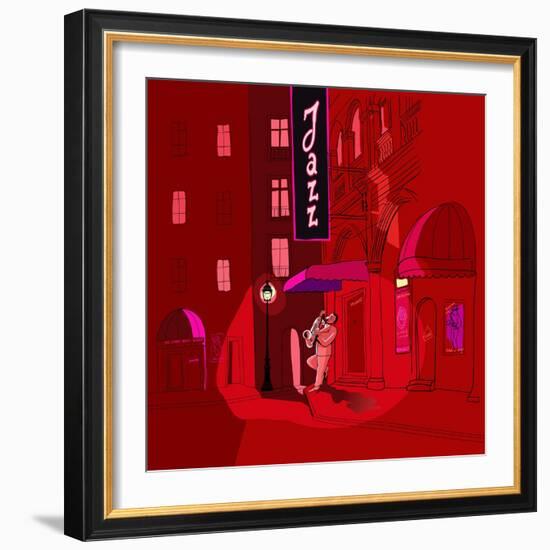 Vector Illustration of Saxophone Player in a Street at Night-isaxar-Framed Art Print