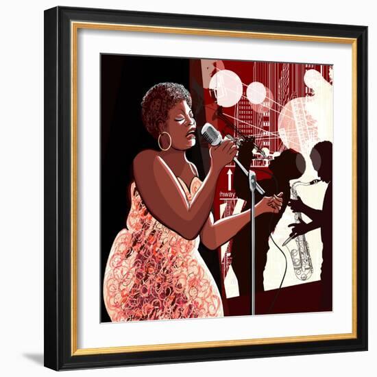 Vector Illustration of Singer on Grunge Background-isaxar-Framed Art Print