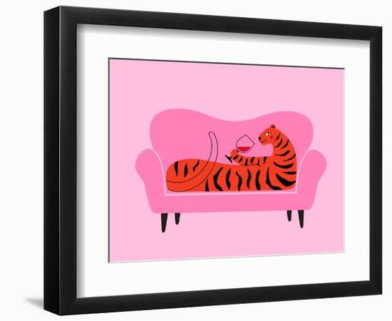 Vector Illustration with Tiger Lying on Sofa and Drinking Red Wine from Glass-julymilks-Framed Photographic Print