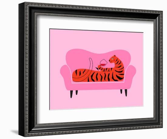 Vector Illustration with Tiger Lying on Sofa and Drinking Red Wine from Glass-julymilks-Framed Photographic Print