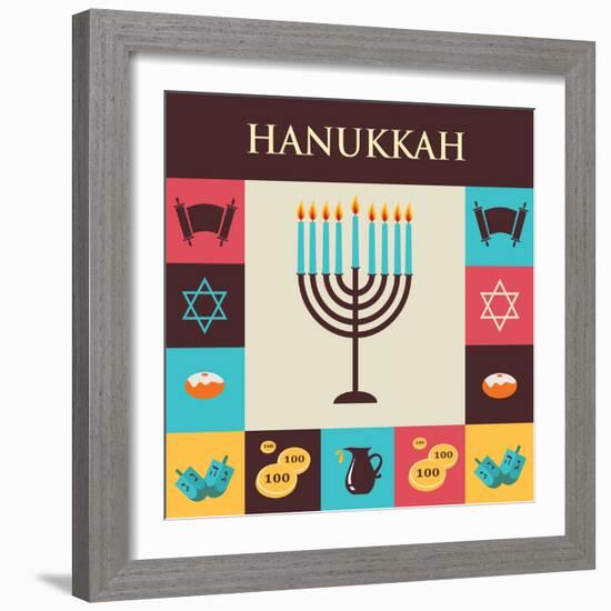 Vector Illustrations of Famous Symbols for the Jewish Holiday Hanukkah-LipMic-Framed Premium Giclee Print