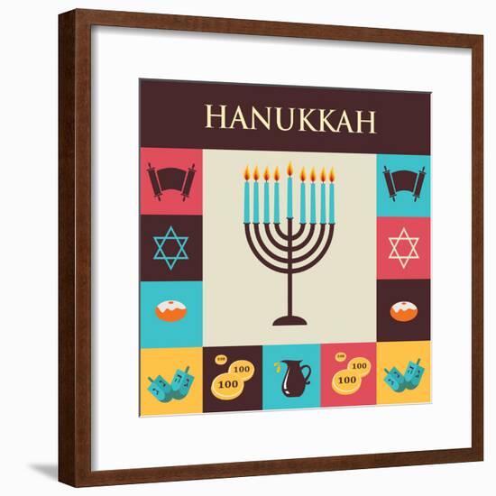 Vector Illustrations of Famous Symbols for the Jewish Holiday Hanukkah-LipMic-Framed Premium Giclee Print