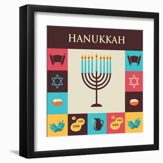 Vector Illustrations of Famous Symbols for the Jewish Holiday Hanukkah-LipMic-Framed Art Print