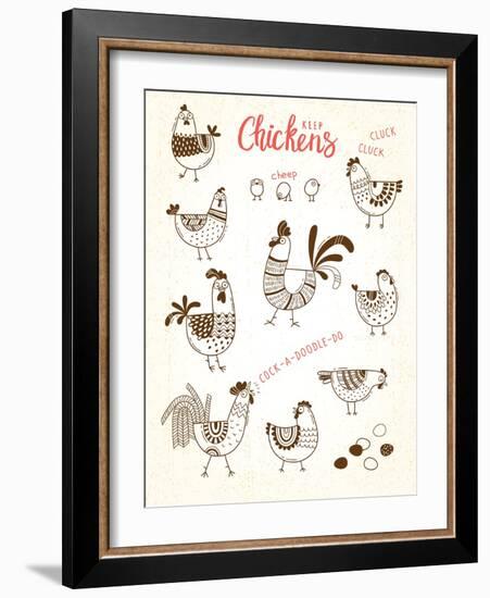 Vector Images of Chickens, Hens, Cocks, Eggs in Cartoon Style, Line Art. Elements for Design Cover-Baksiabat-Framed Art Print