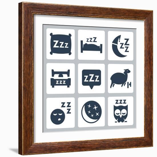 Vector Isolated Sleep Concept Icons Set: Pillow, Bed, Moon, Sheep, Owl, Zzz-GreyJ-Framed Art Print