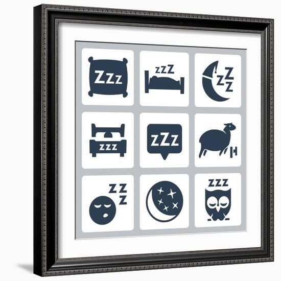 Vector Isolated Sleep Concept Icons Set: Pillow, Bed, Moon, Sheep, Owl, Zzz-GreyJ-Framed Art Print