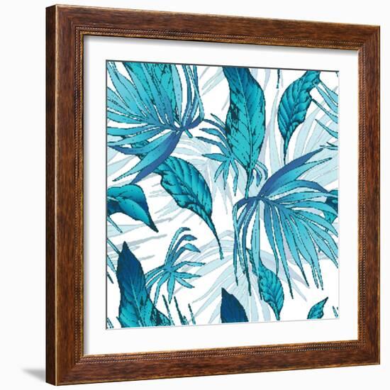 Vector Natural Vintage Seamless Exotic Pattern with Tropical Leaves, Botanical Illustration on Whit-Varvara Kurakina-Framed Art Print