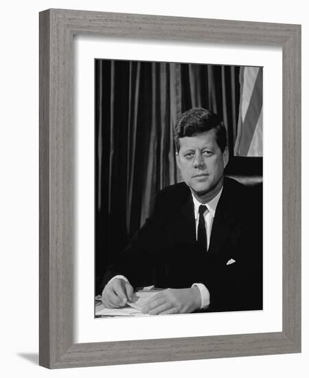 Vector Portrait of John F. Kennedy Sitting at His Desk-Stocktrek Images-Framed Photographic Print