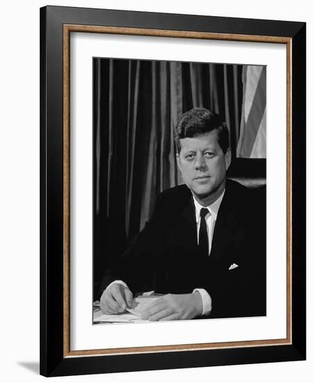 Vector Portrait of John F. Kennedy Sitting at His Desk-Stocktrek Images-Framed Photographic Print