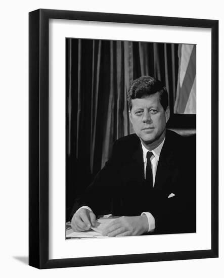 Vector Portrait of John F. Kennedy Sitting at His Desk-Stocktrek Images-Framed Photographic Print