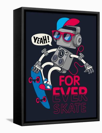 Vector Retro Robot on Skateboard, Skater-braingraph-Framed Stretched Canvas