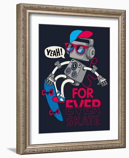 Vector Retro Robot on Skateboard, Skater-braingraph-Framed Art Print