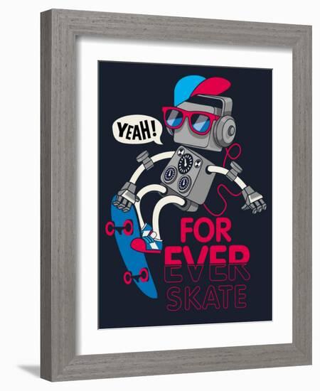 Vector Retro Robot on Skateboard, Skater-braingraph-Framed Art Print