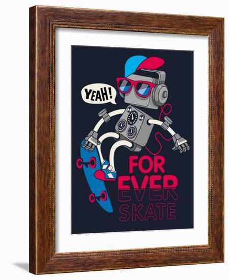 Vector Retro Robot on Skateboard, Skater-braingraph-Framed Art Print