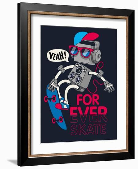 Vector Retro Robot on Skateboard, Skater-braingraph-Framed Art Print