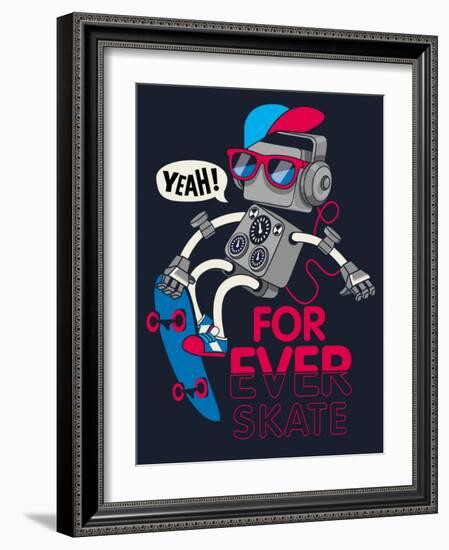 Vector Retro Robot on Skateboard, Skater-braingraph-Framed Art Print