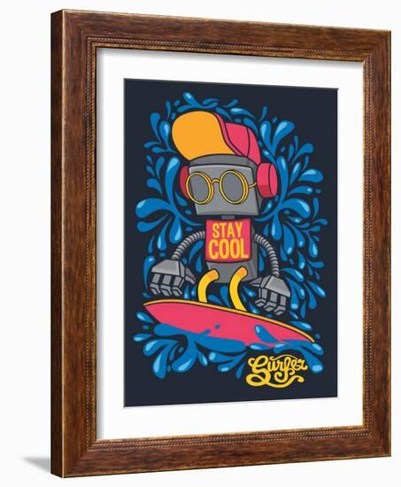 Vector Retro Robot on Surfboard, Surfer-braingraph-Framed Art Print