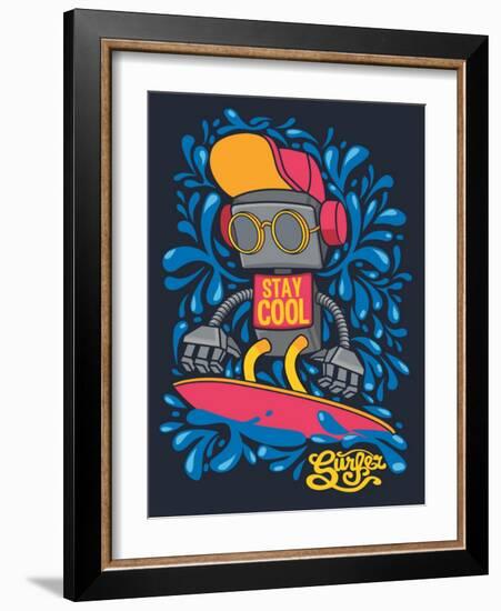 Vector Retro Robot on Surfboard, Surfer-braingraph-Framed Art Print