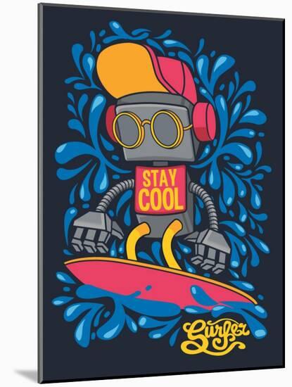 Vector Retro Robot on Surfboard, Surfer-braingraph-Mounted Art Print