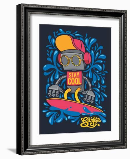 Vector Retro Robot on Surfboard, Surfer-braingraph-Framed Art Print