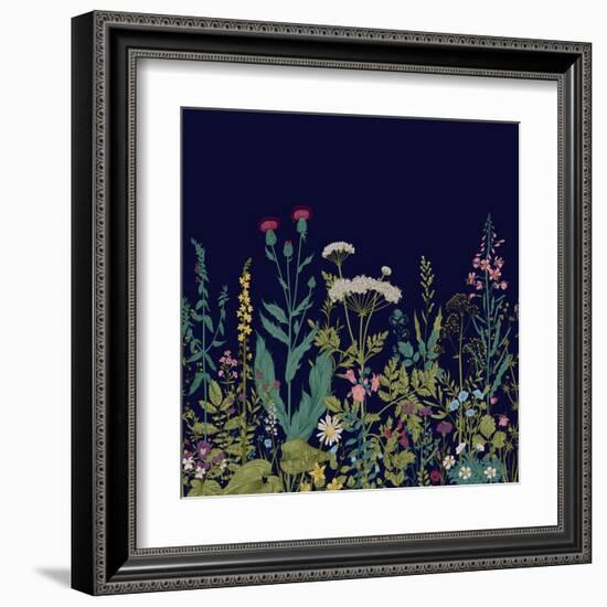 Vector Seamless Floral Border. Herbs and Wild Flowers. Botanical Illustration Engraving Style.-Olga Korneeva-Framed Art Print