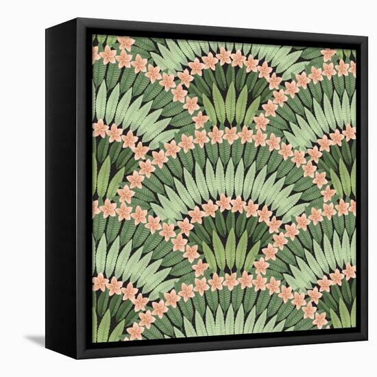 Vector Seamless Pattern of Hand Drawn Tropical Pink Flowers and Green Leaves on a Black Background-L Kramer-Framed Stretched Canvas