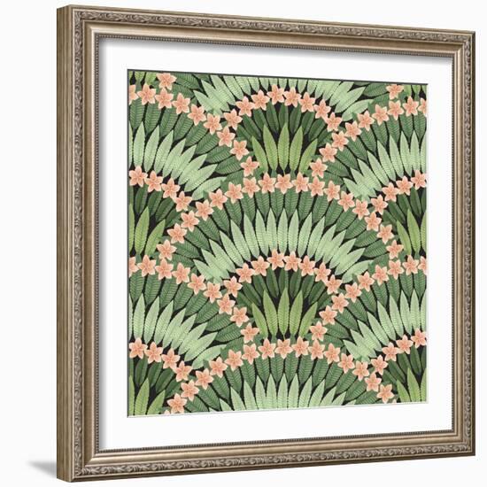 Vector Seamless Pattern of Hand Drawn Tropical Pink Flowers and Green Leaves on a Black Background-L Kramer-Framed Art Print