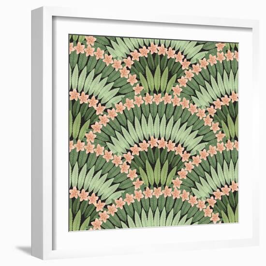 Vector Seamless Pattern of Hand Drawn Tropical Pink Flowers and Green Leaves on a Black Background-L Kramer-Framed Art Print