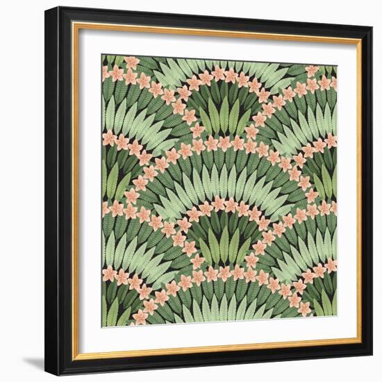 Vector Seamless Pattern of Hand Drawn Tropical Pink Flowers and Green Leaves on a Black Background-L Kramer-Framed Art Print