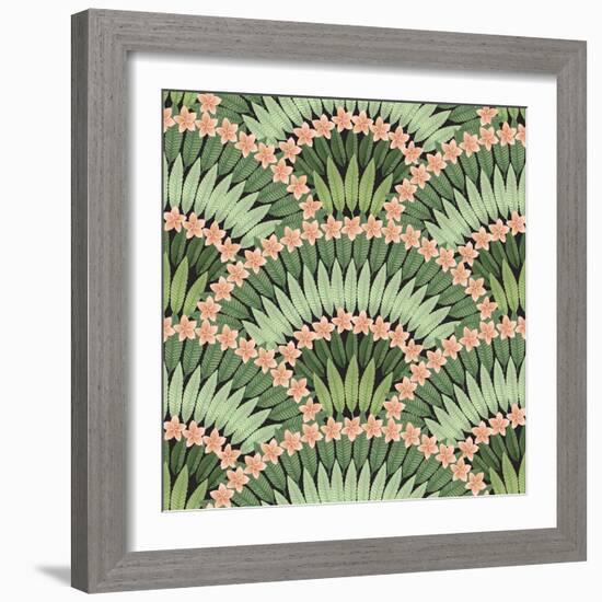 Vector Seamless Pattern of Hand Drawn Tropical Pink Flowers and Green Leaves on a Black Background-L Kramer-Framed Premium Giclee Print