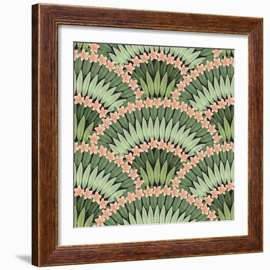 Vector Seamless Pattern of Hand Drawn Tropical Pink Flowers and Green Leaves on a Black Background-L Kramer-Framed Premium Giclee Print