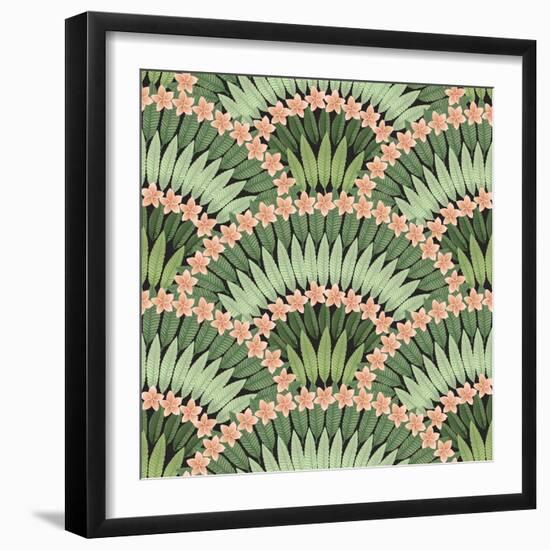 Vector Seamless Pattern of Hand Drawn Tropical Pink Flowers and Green Leaves on a Black Background-L Kramer-Framed Premium Giclee Print