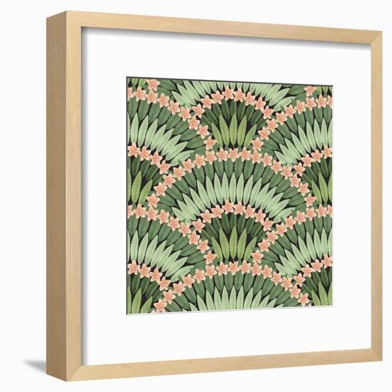 Vector Seamless Pattern of Hand Drawn Tropical Pink Flowers and Green Leaves on a Black Background-L Kramer-Framed Art Print