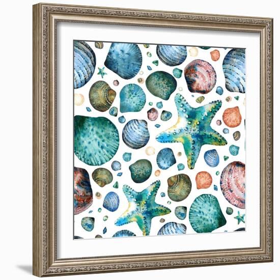 Vector Seamless Pattern Painted in Watercolor with Seashells and Starfish on a White Background.-Maria Tishchenko-Framed Photographic Print