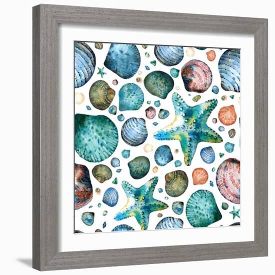 Vector Seamless Pattern Painted in Watercolor with Seashells and Starfish on a White Background.-Maria Tishchenko-Framed Photographic Print