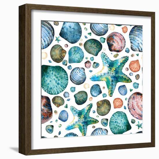 Vector Seamless Pattern Painted in Watercolor with Seashells and Starfish on a White Background.-Maria Tishchenko-Framed Photographic Print