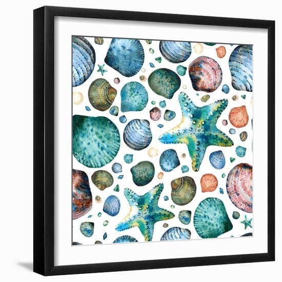 Vector Seamless Pattern Painted in Watercolor with Seashells and Starfish on a White Background.-Maria Tishchenko-Framed Photographic Print