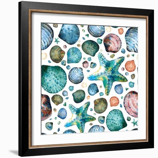 Vector Seamless Pattern Painted in Watercolor with Seashells and Starfish on a White Background.-Maria Tishchenko-Framed Photographic Print