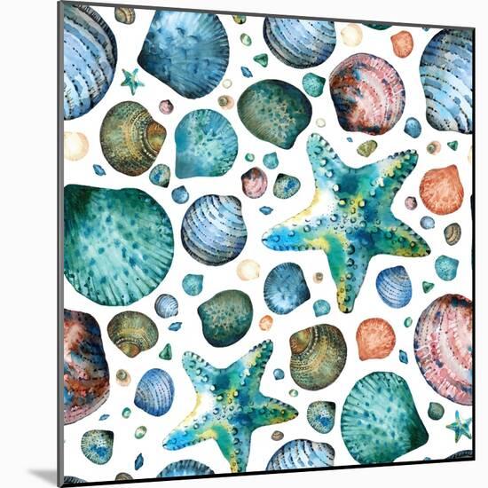 Vector Seamless Pattern Painted in Watercolor with Seashells and Starfish on a White Background.-Maria Tishchenko-Mounted Photographic Print