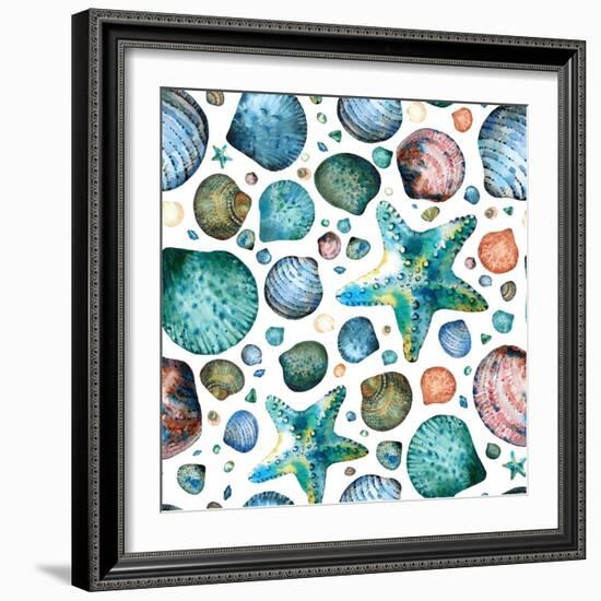 Vector Seamless Pattern Painted in Watercolor with Seashells and Starfish on a White Background.-Maria Tishchenko-Framed Photographic Print