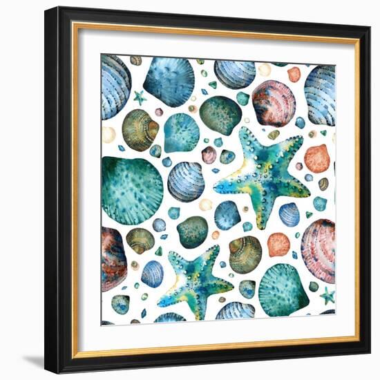 Vector Seamless Pattern Painted in Watercolor with Seashells and Starfish on a White Background.-Maria Tishchenko-Framed Photographic Print