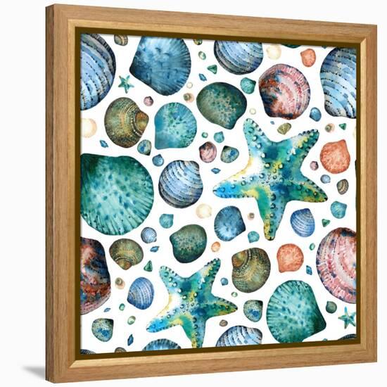 Vector Seamless Pattern Painted in Watercolor with Seashells and Starfish on a White Background.-Maria Tishchenko-Framed Premier Image Canvas