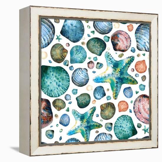 Vector Seamless Pattern Painted in Watercolor with Seashells and Starfish on a White Background.-Maria Tishchenko-Framed Premier Image Canvas