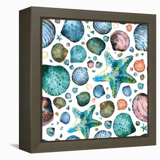 Vector Seamless Pattern Painted in Watercolor with Seashells and Starfish on a White Background.-Maria Tishchenko-Framed Premier Image Canvas