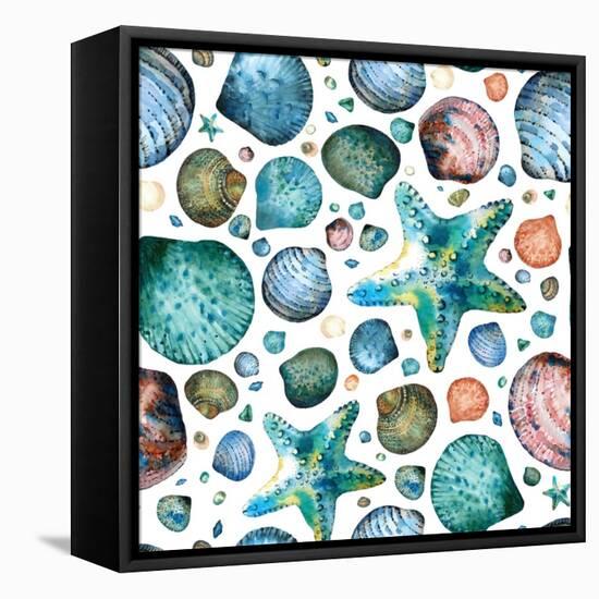 Vector Seamless Pattern Painted in Watercolor with Seashells and Starfish on a White Background.-Maria Tishchenko-Framed Premier Image Canvas